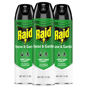 Raid House and Garden Bug Killer bottle front for on-contact pest control.