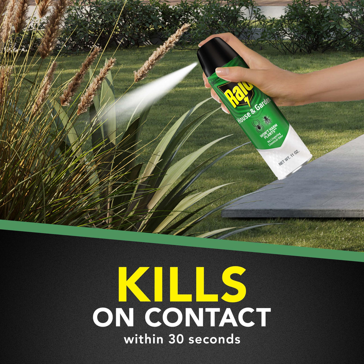 Raid House and Garden Bug Killer label close-up highlighting plant-safe formula.