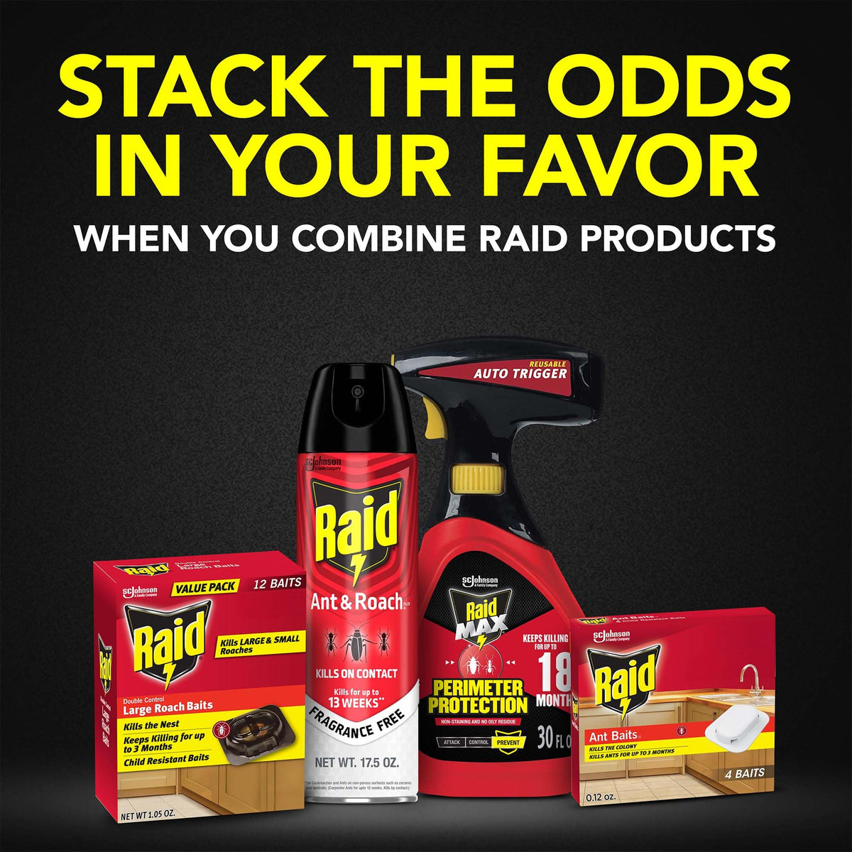 12-count Raid Large Roach Baits pack ready for long-term indoor protection.