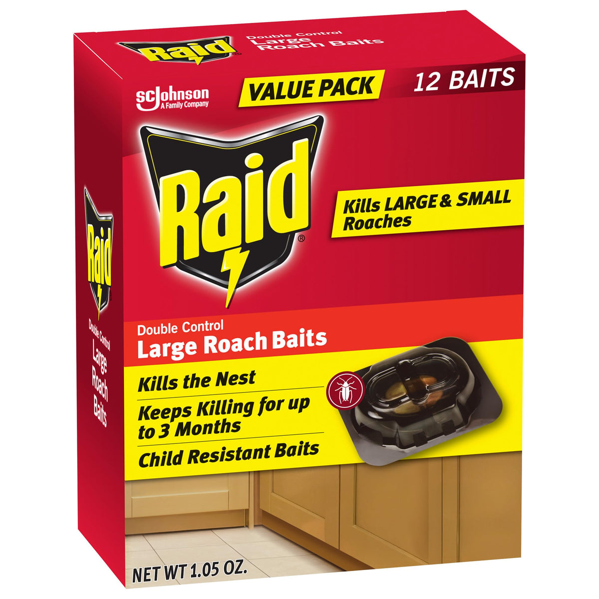 Raid Large Roach Baits packaging with child-resistant design for safe indoor use.