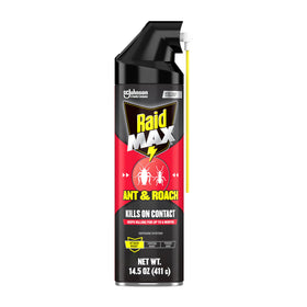 Raid Max bottle-angle-spray shows ready-to-use spray for fast on-contact kill and broad coverage