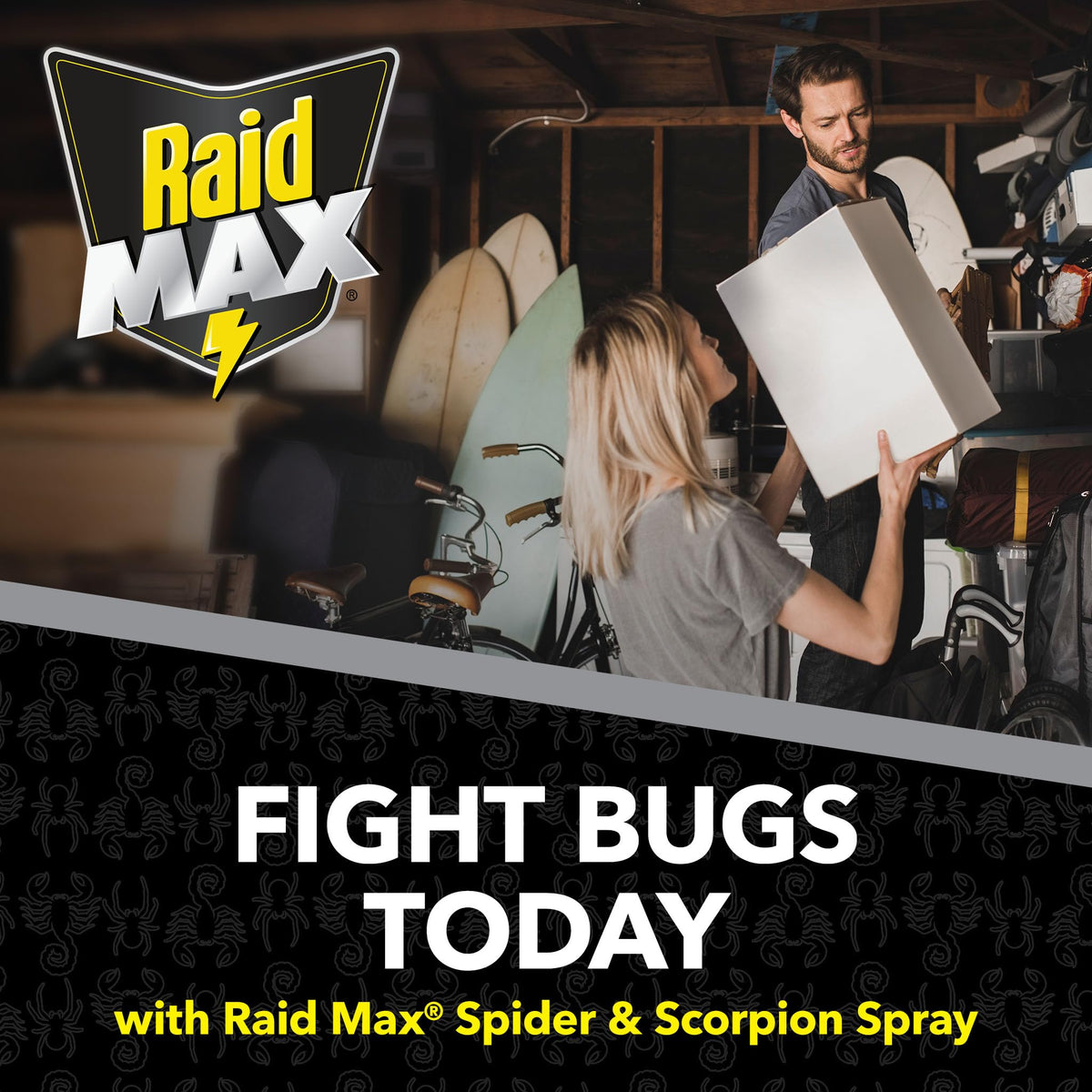 Raid Max Spider Killer kill-list-ants-spiders label graphic communicates target pests.