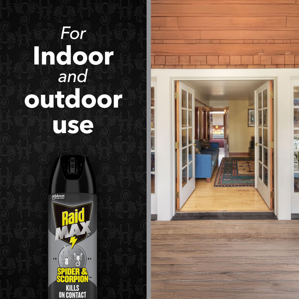 Raid Max Spider Killer no-odor formula highlighted in a kitchen setting.