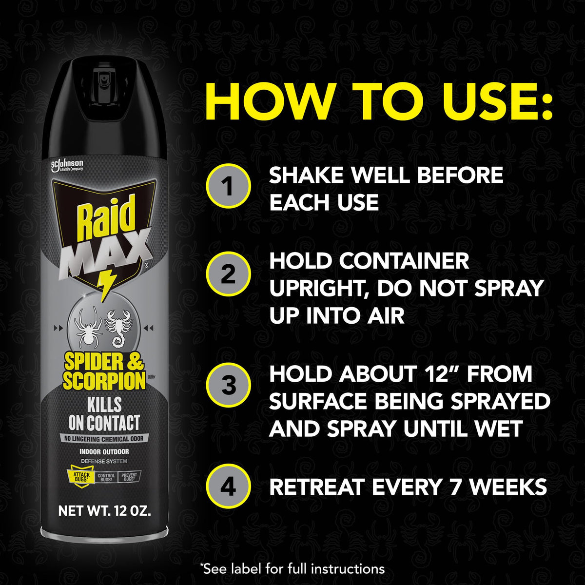 Raid Max Spider Killer non-porous surface re-treatment instructions shown on packaging.