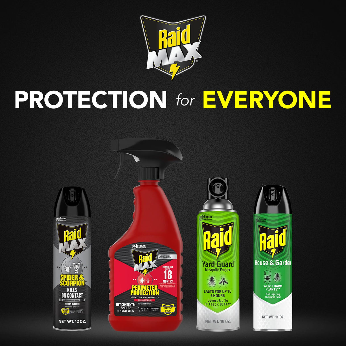 Raid Max Spider Killer outdoor-indoor use shown near doorway and patio.