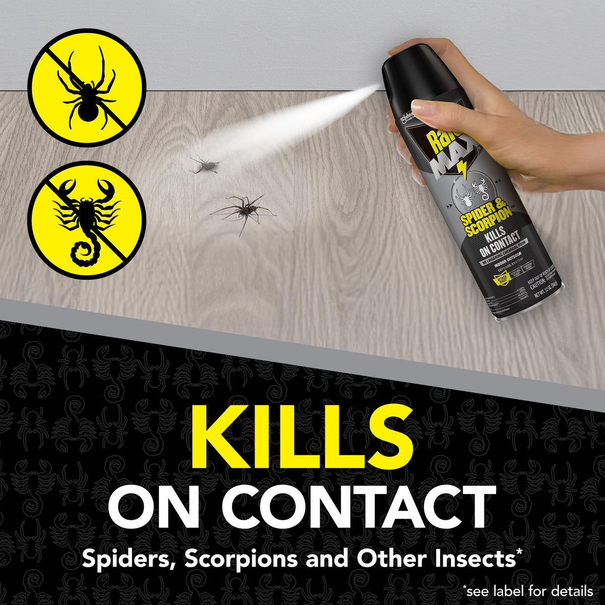 Raid Max Spider Killer spray action shows quick surface coverage for pests.