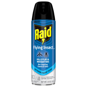 Raid outdoor fresh scent aerosol spray dispersing to deter flying insects.