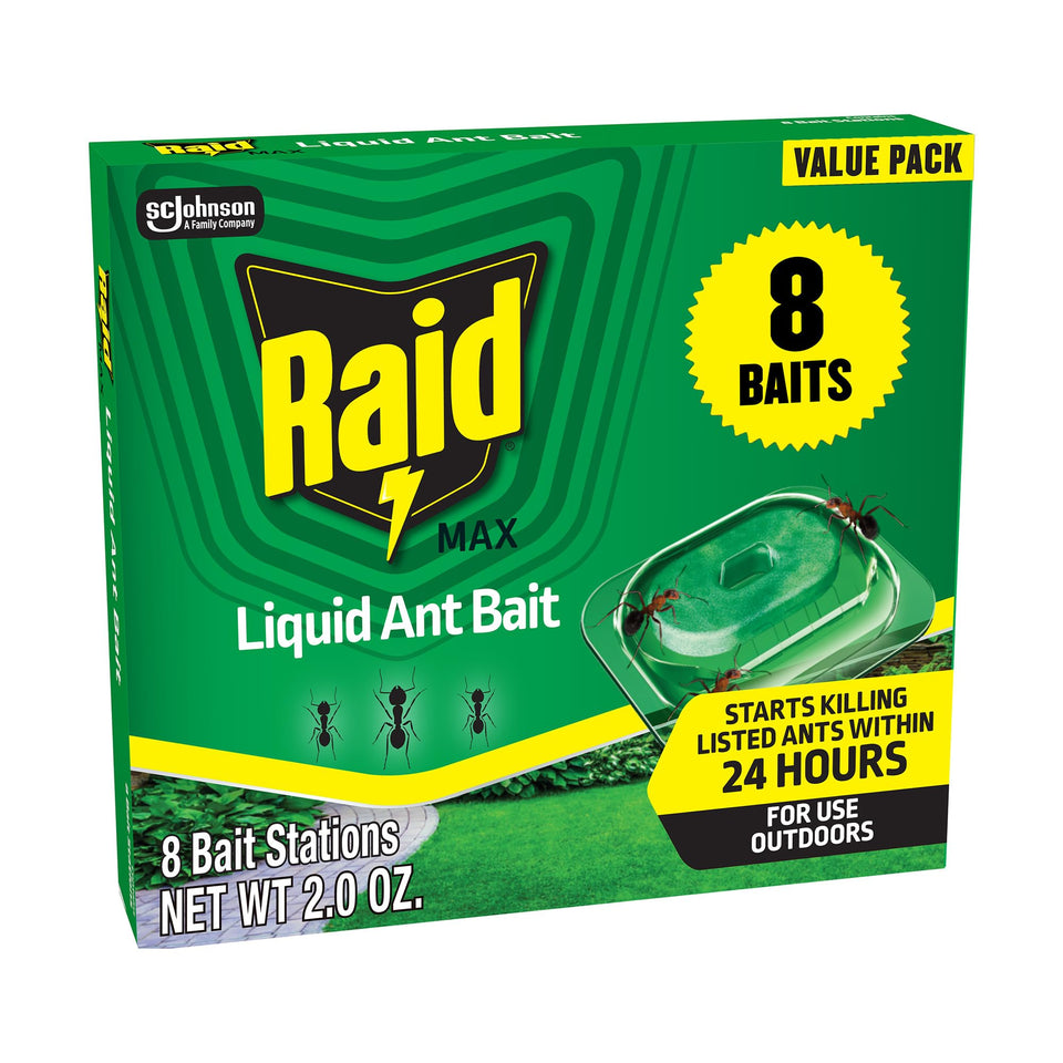 Raid Outdoor Liquid Ant Bait station placed on a porch to attract ants and disrupt the colony.