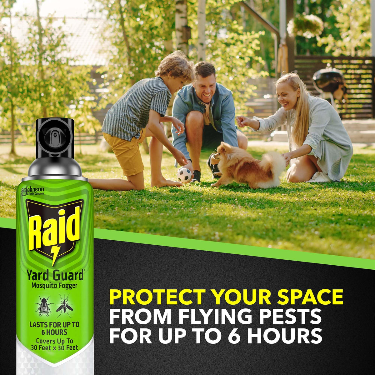 Product shows 900 sq ft coverage for larger yards with Raid Fogger.