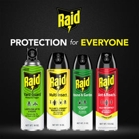 Product box and instruction label for Raid Yard Guard usage.