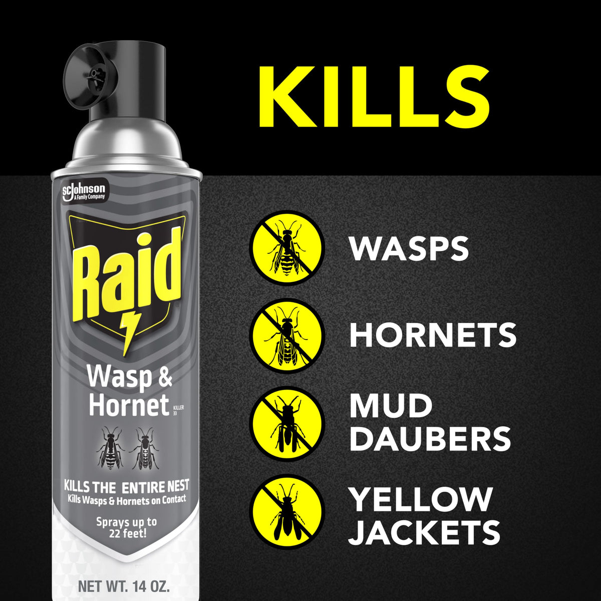 Raid Wasp & Hornet Killer Spray reaches up to 22 feet for safe targeting.