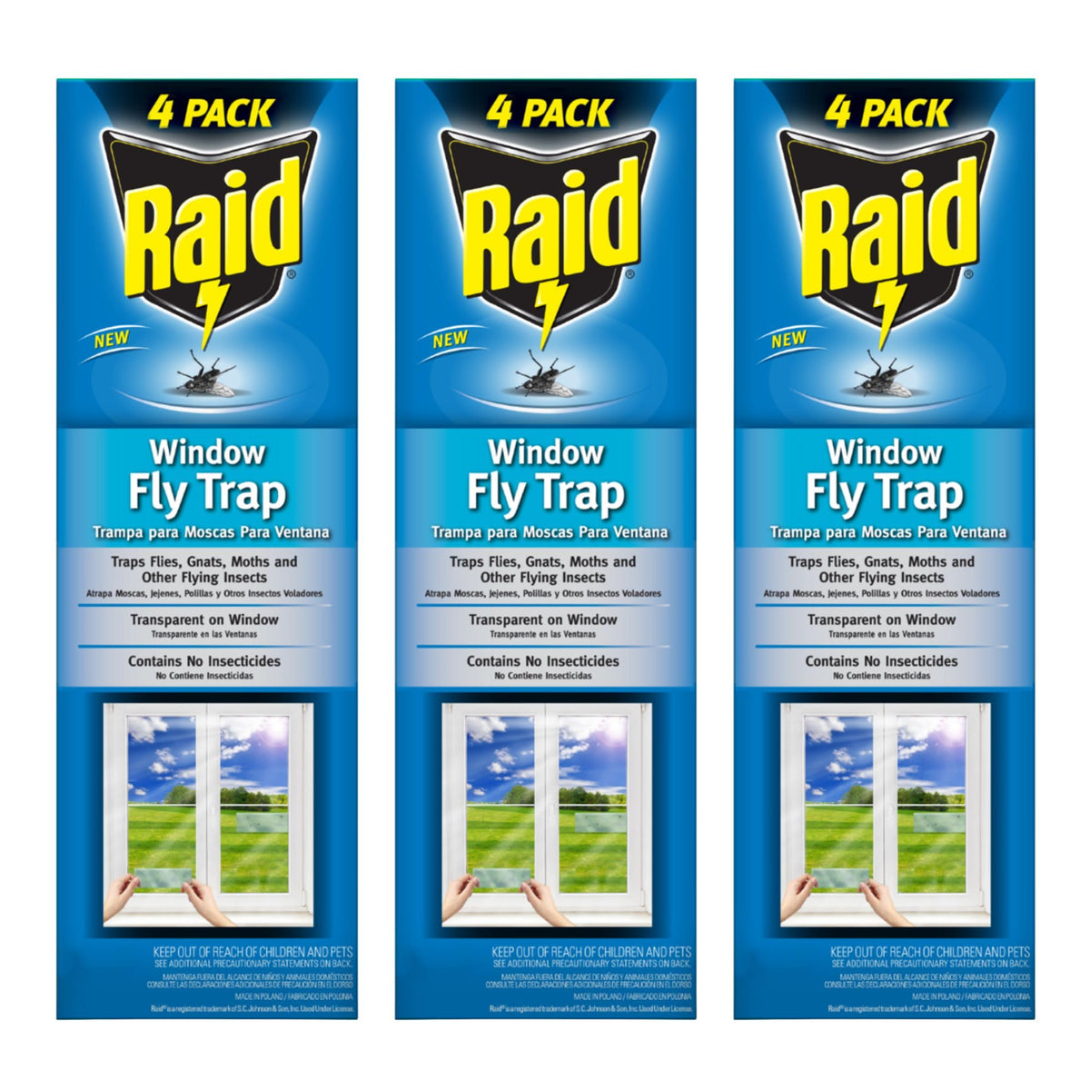 Raid Window Fly Trap three-pack box for versatile multi-room use.