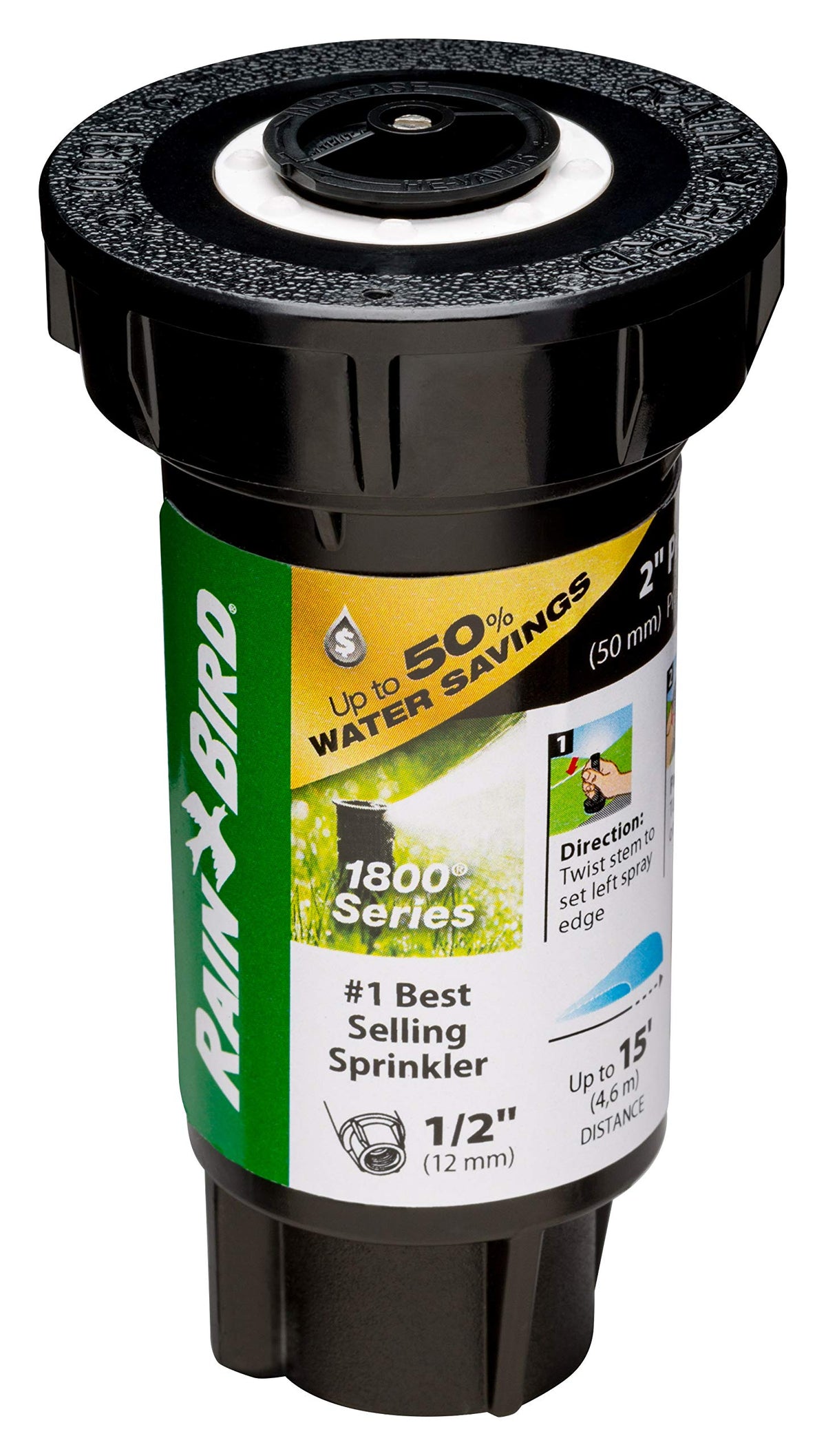 Rain Bird 1802HV15PR 2-inch pop-up height offers versatile coverage for lawns and beds.