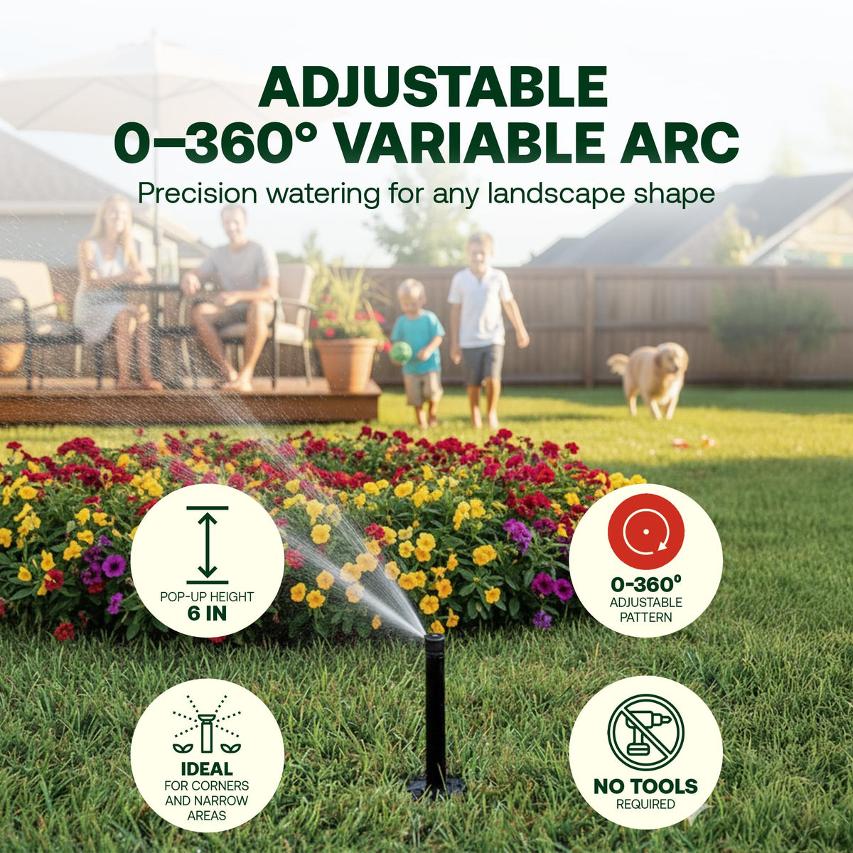 Rain Bird 1806VAN arc adjustment dial shown for easy customization.