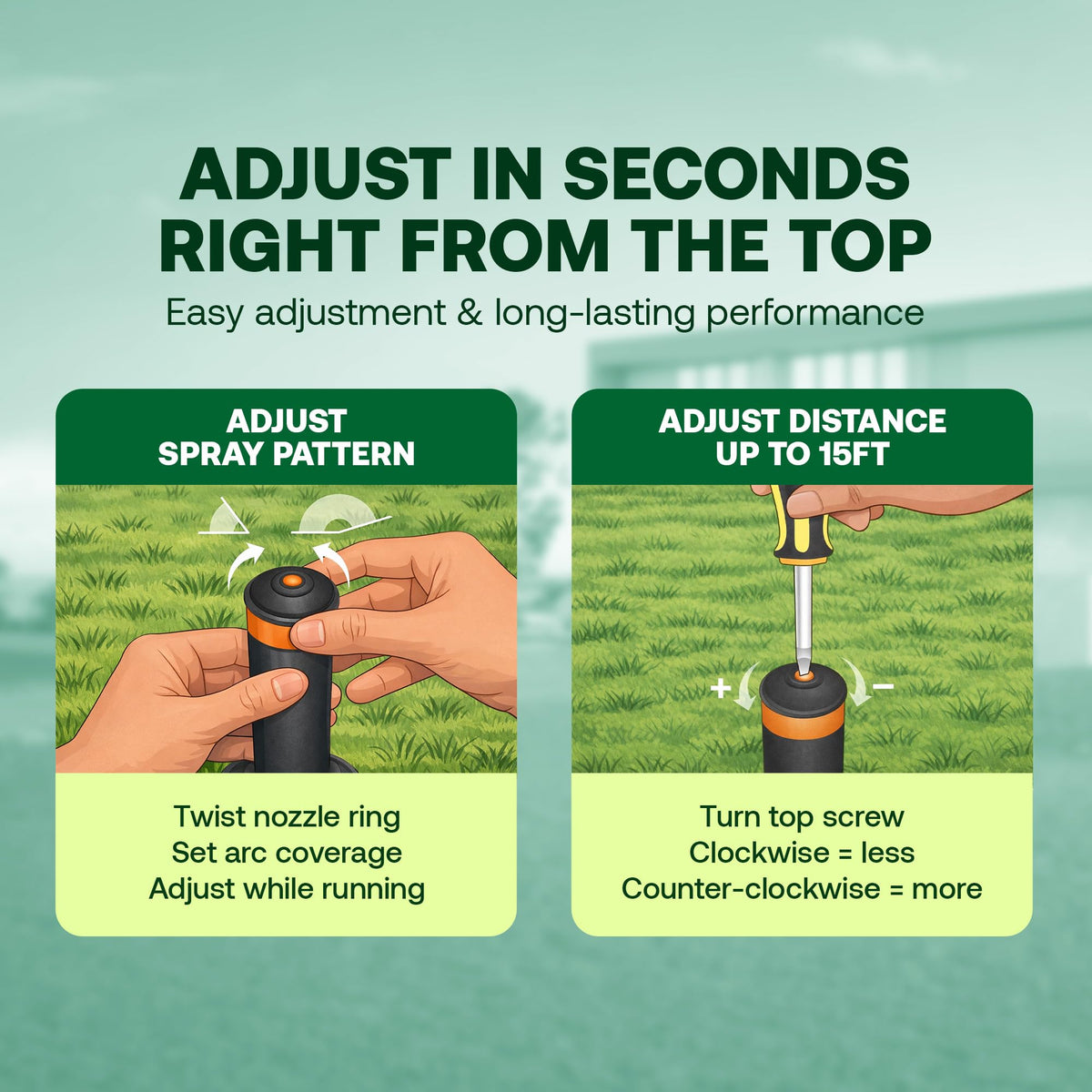 Rain Bird 1806VAN spray distance up to 15 ft for even lawn watering.