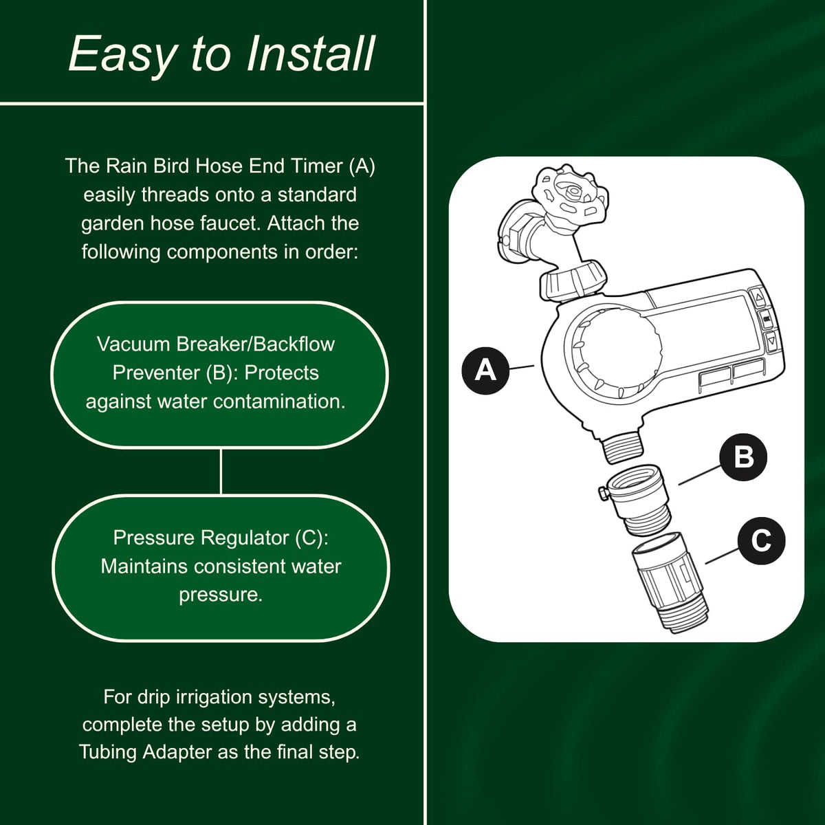 Rain Bird 1ZEHTMR water-now button enables quick manual watering.