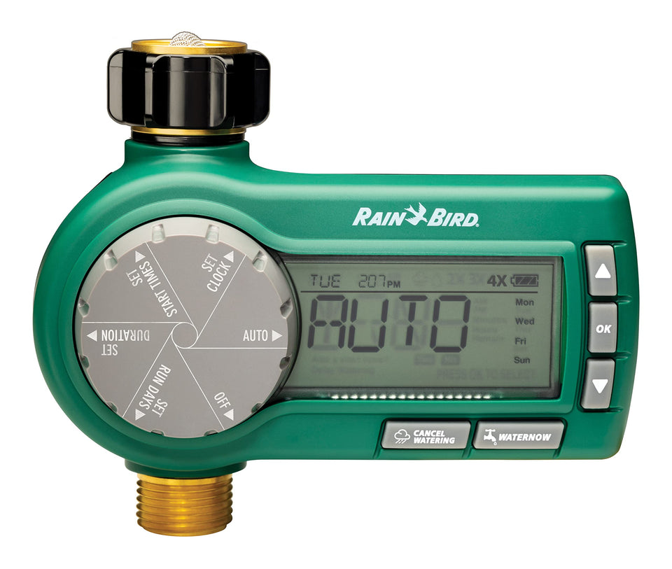 Rain Bird 1ZEHTMRP digital hose-end timer with programmable irrigation settings.
