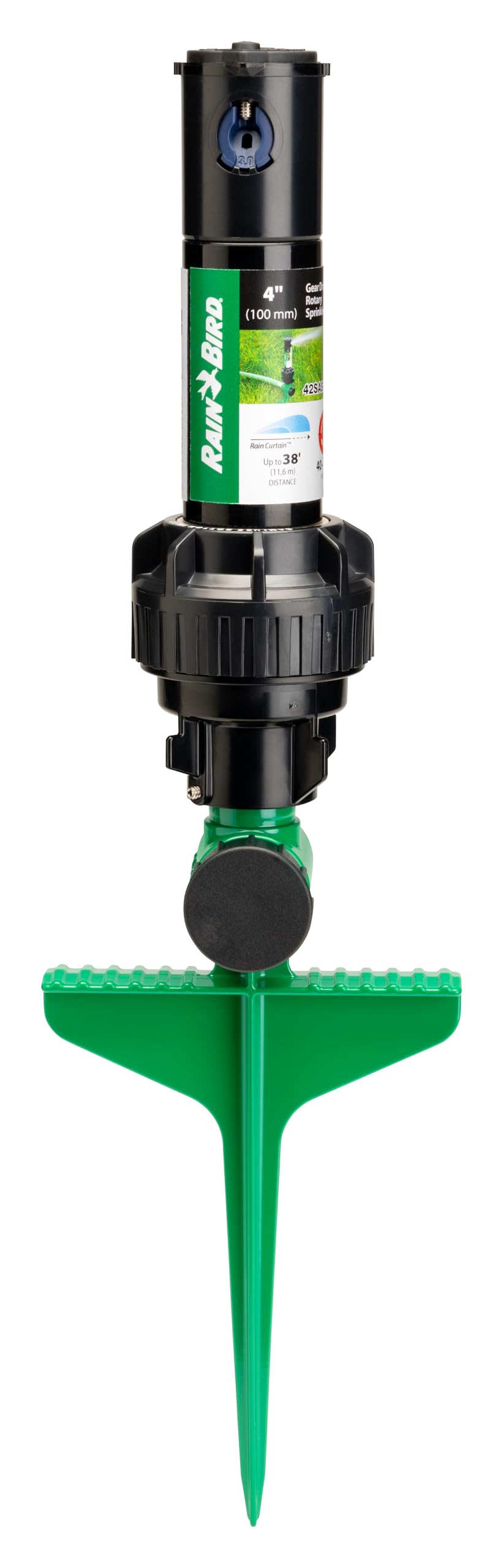 Rain Bird 42SASPG rotor on spike delivering even lawn coverage