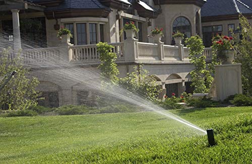 Rain Bird 5000 coverage-radius visuals show even water distribution across the lawn.