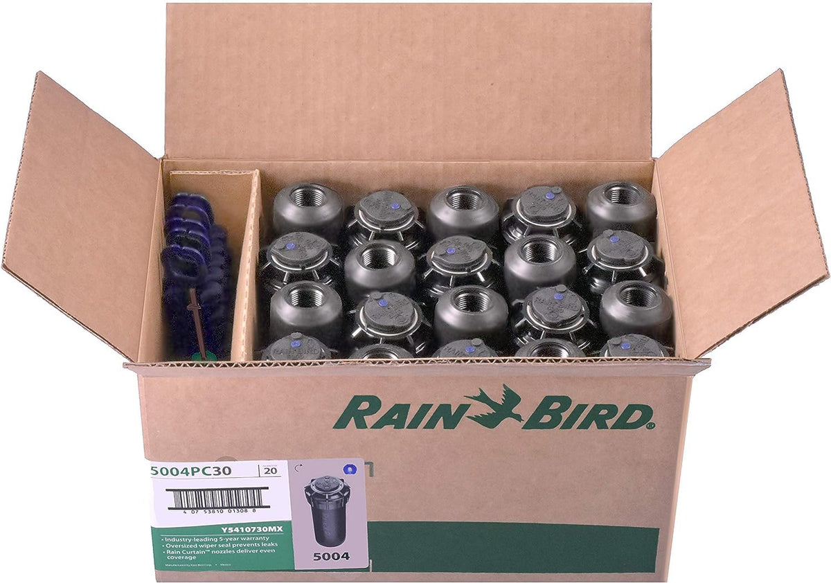 Rain Bird 5004PC rotor pop-up sprinkler offering adjustable 40-360° coverage for lawns.