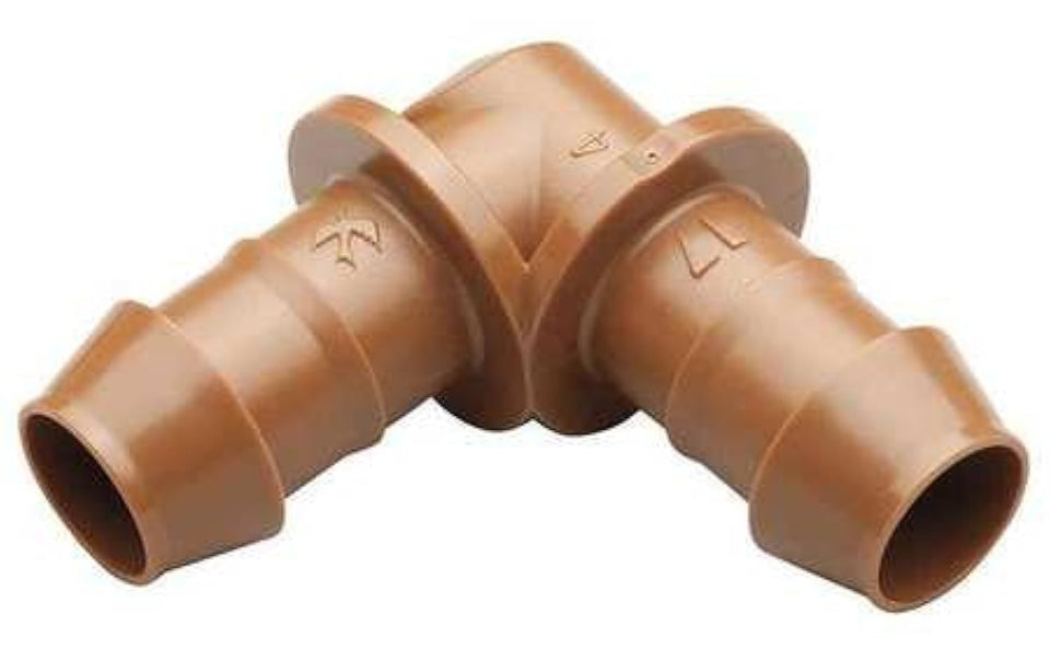 Rain Bird BE50 barbed elbow fitting for 1/2 inch drip tubing, enables flexible irrigation layouts.