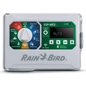 Rain Bird ESP-ME3 controller shown for indoor and outdoor irrigation control with four zones
