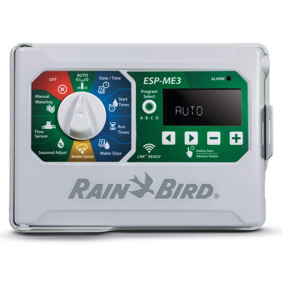 Rain Bird ESP-ME3 controller shown for indoor and outdoor irrigation control with four zones