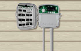 Rain Bird ESP-TM2 indoor-outdoor installation showing flexible mounting options.