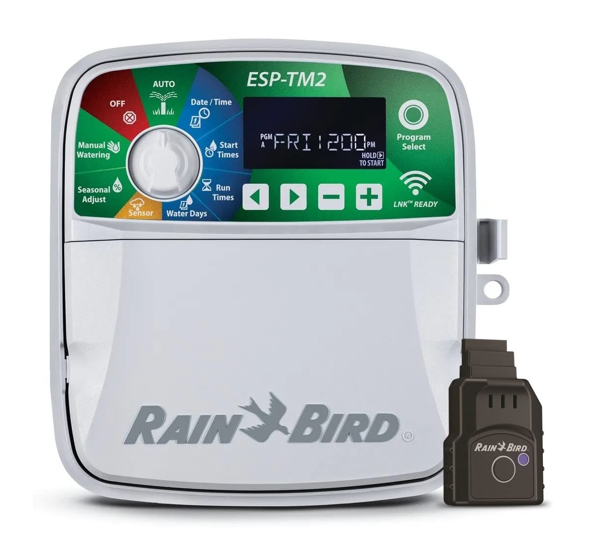 Rain Bird ESP-TM2 8-zone controller front view with clear LCD for easy programming