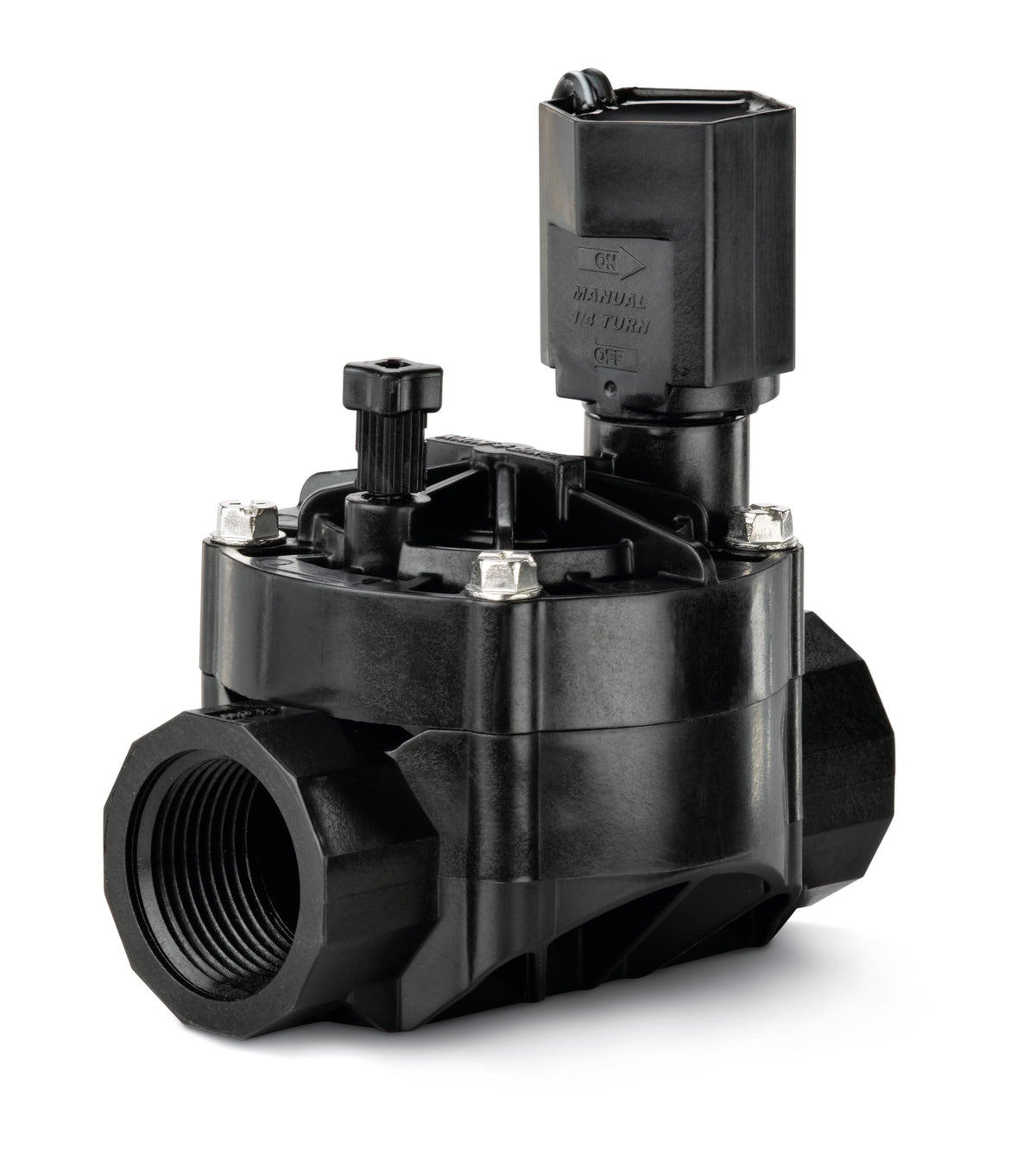 Rain Bird HV100FF valve close-up showing compact 1-inch inlet for tight spaces.