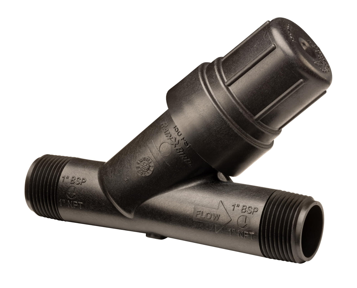 Rain Bird RBY100S inline Y-filter demonstrates compact filtration for clog-free drip irrigation.