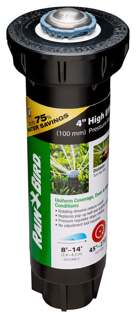 Rain Bird rotary nozzle showing wind-resistant coverage for even wetting.