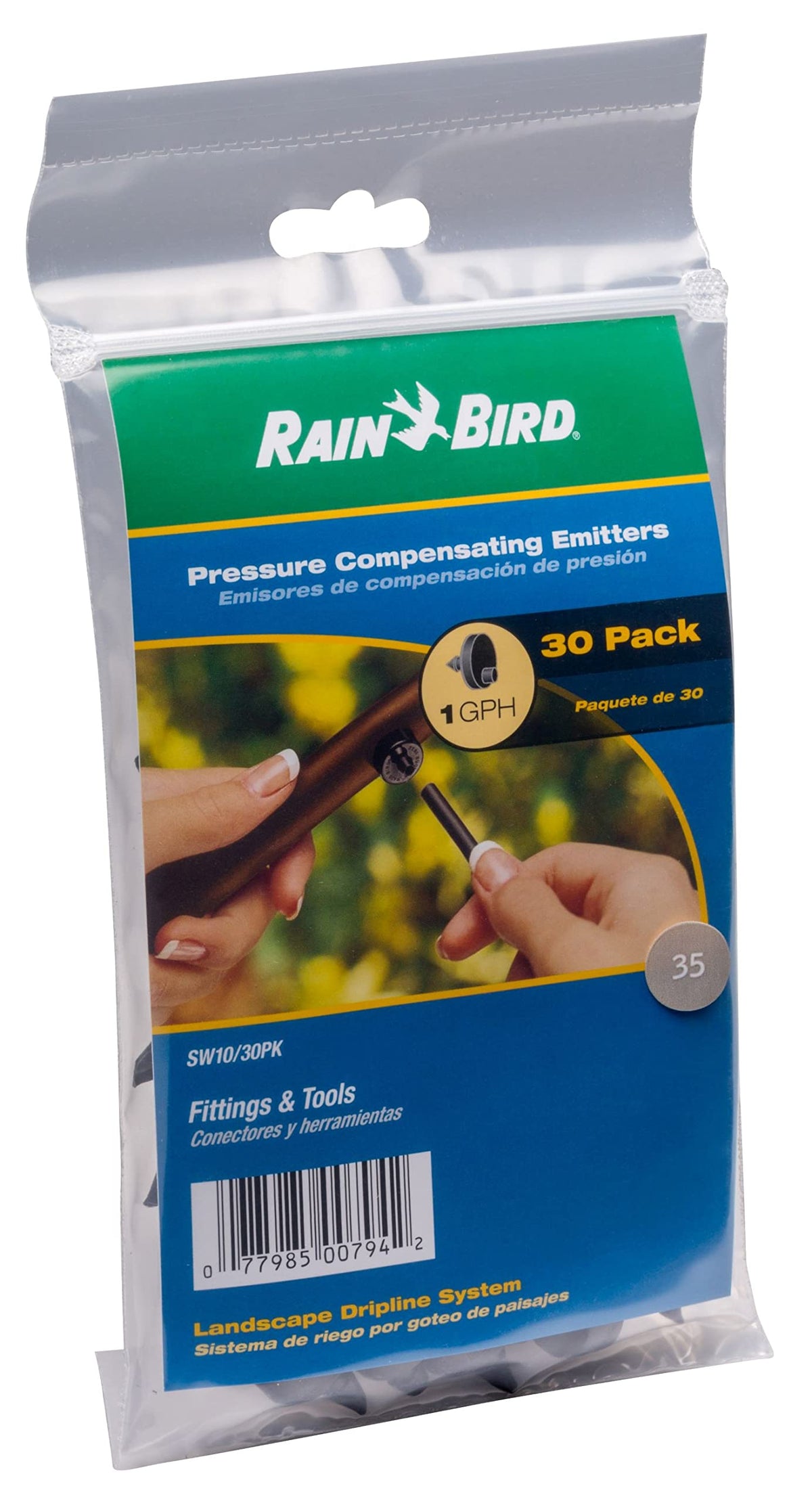 Rain Bird SW10-30PS emitter in bag shows complete 30-pack for quick setup.