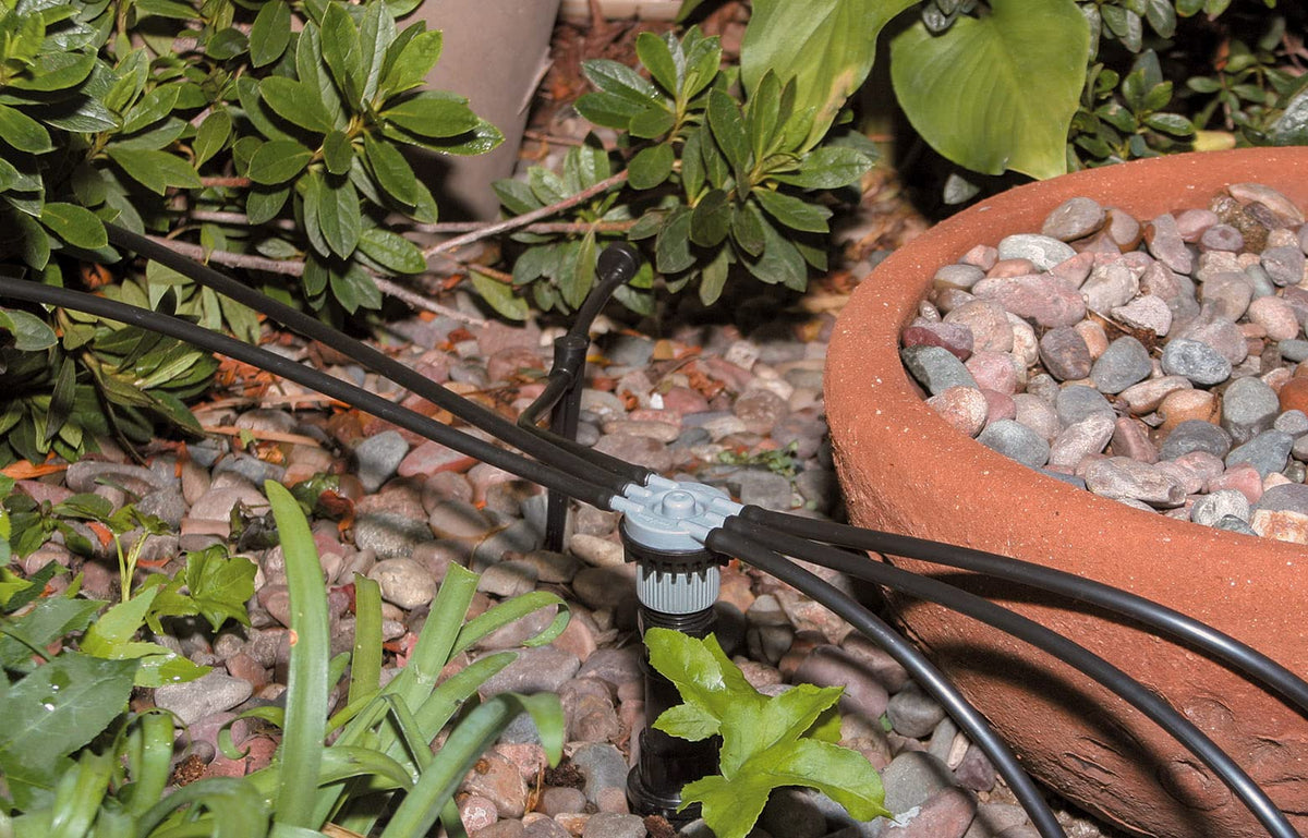 Rain Bird SWDMSPKIT 1.0 GPH emitter delivers steady drip to seedlings.