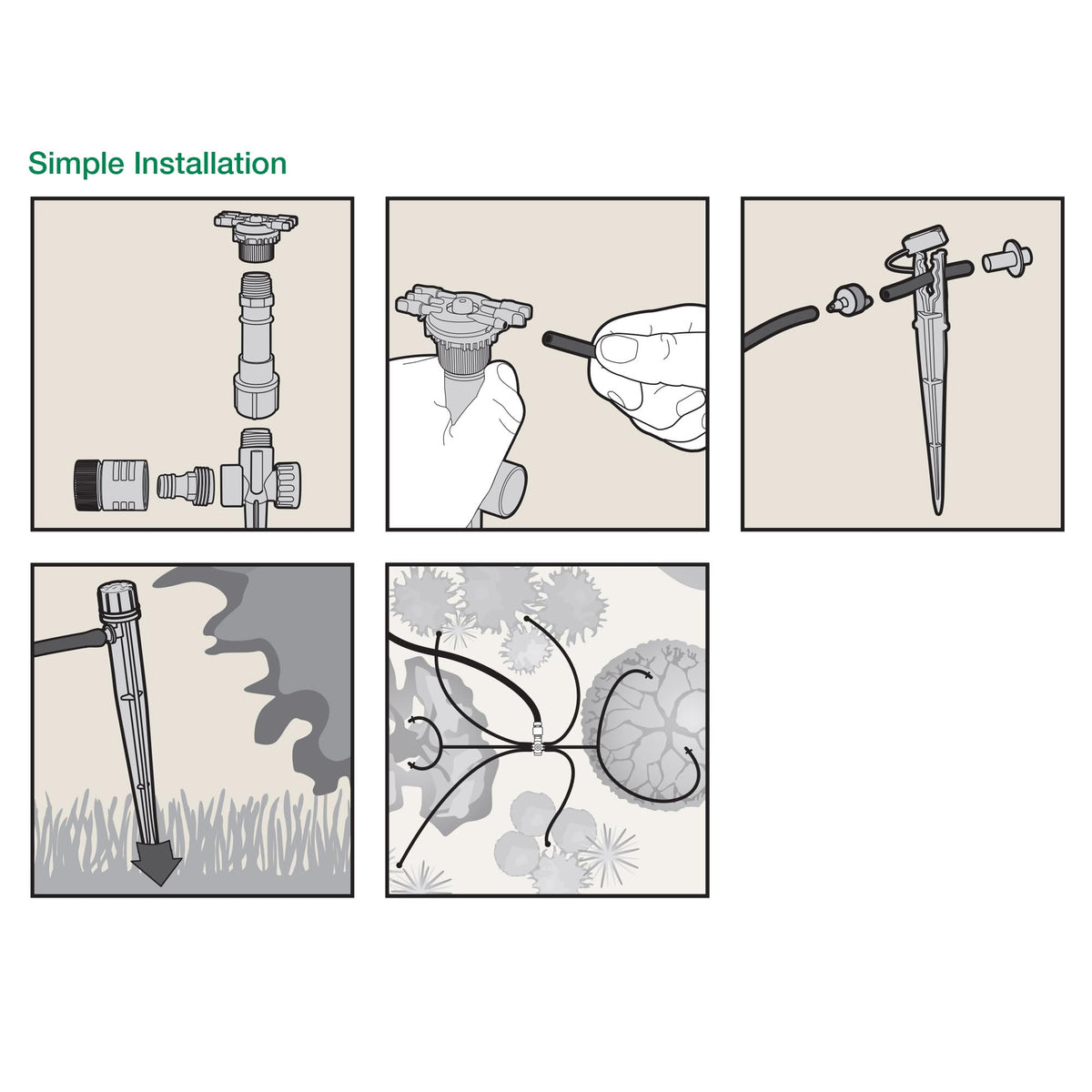 Rain Bird SWDMSPKIT filter and tubing ensure clean, reliable irrigation around beds.