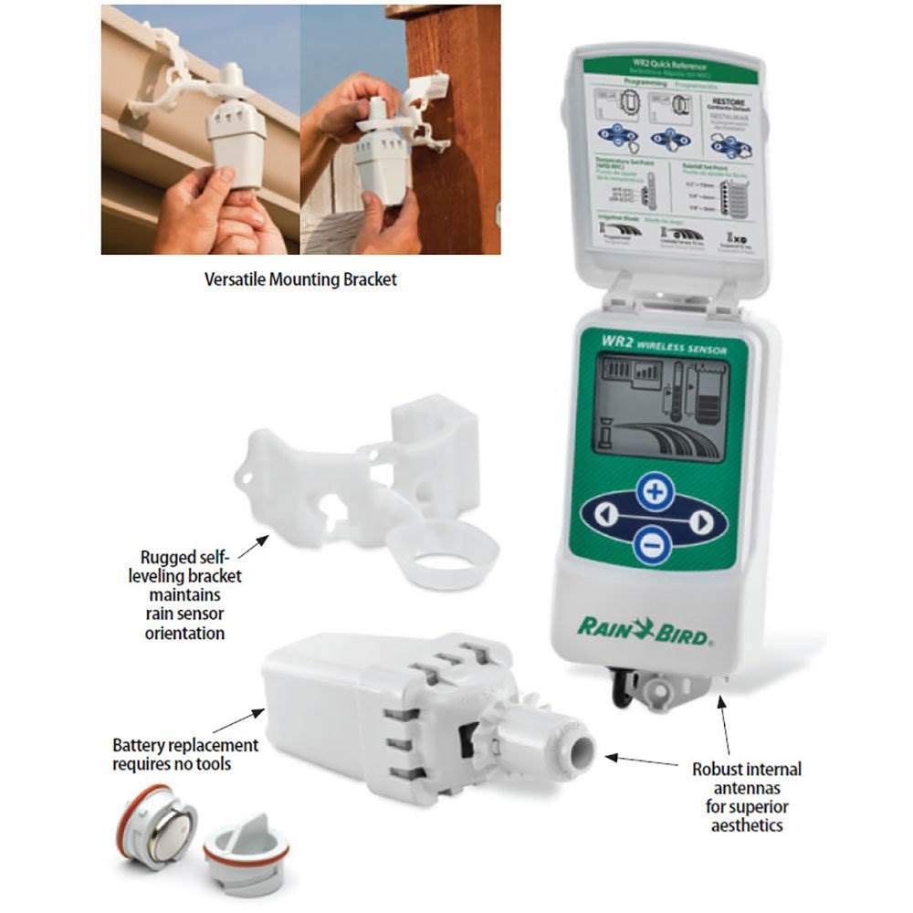 Rain Bird WR2-RFC mounting bracket enabling easy one-person installation on gutter or wall.