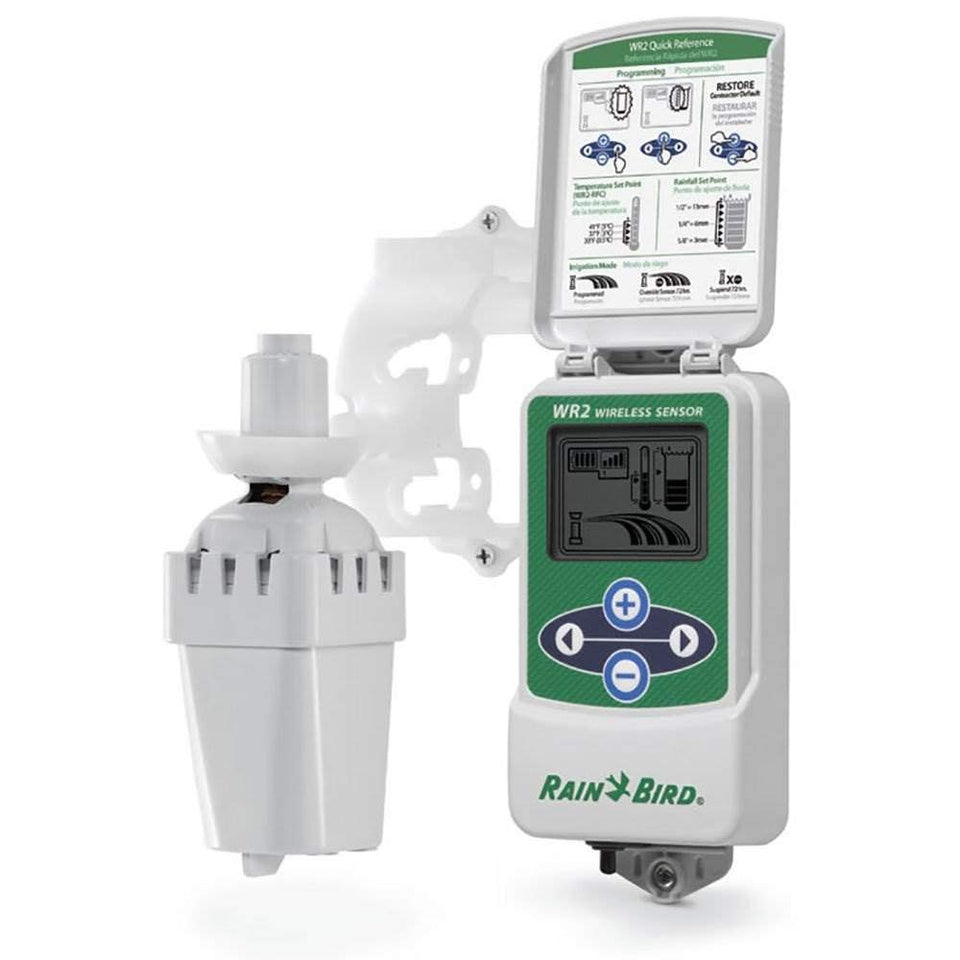 Rain Bird WR2-RFC sensor unit shown for wireless rain shutoff and irrigation control.