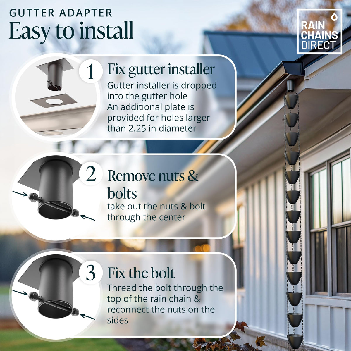 Rain Chains Direct gutter hole 2.25 diameter ensures smooth installation.
