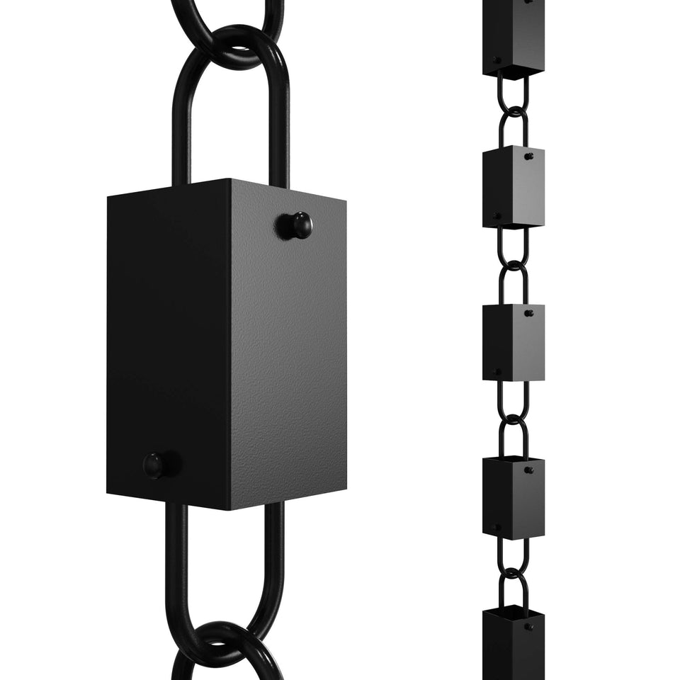Rain Chains Direct square link rain chain 8.5 ft in black for durable gutter decoration.
