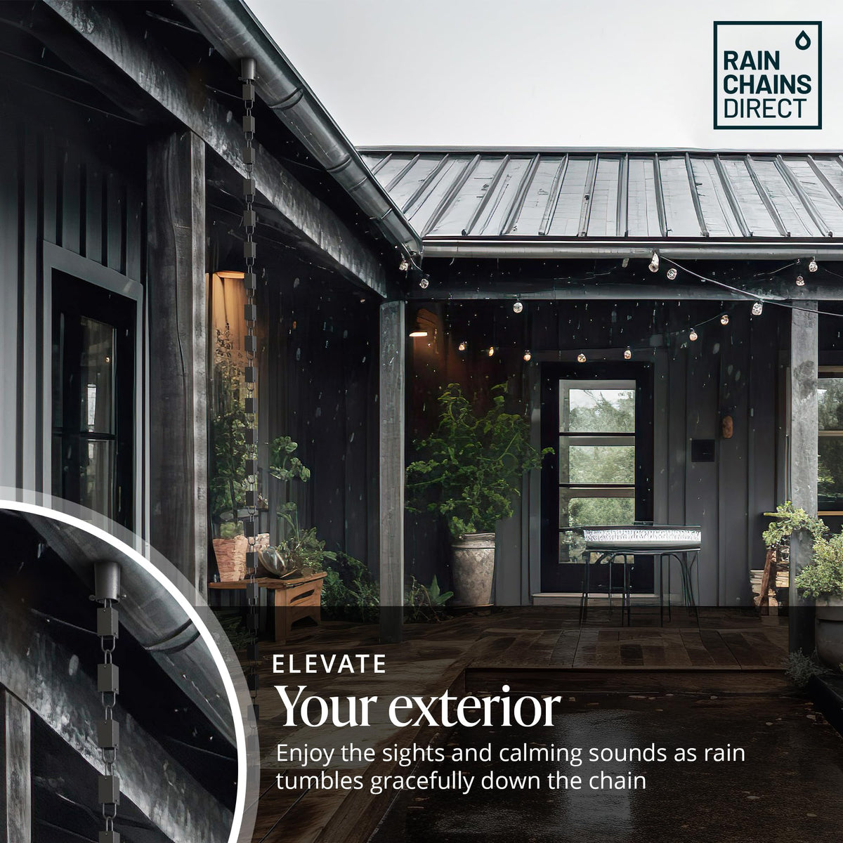 Rain Chains Direct square link rain chain with black powder coating for long-lasting exterior use.