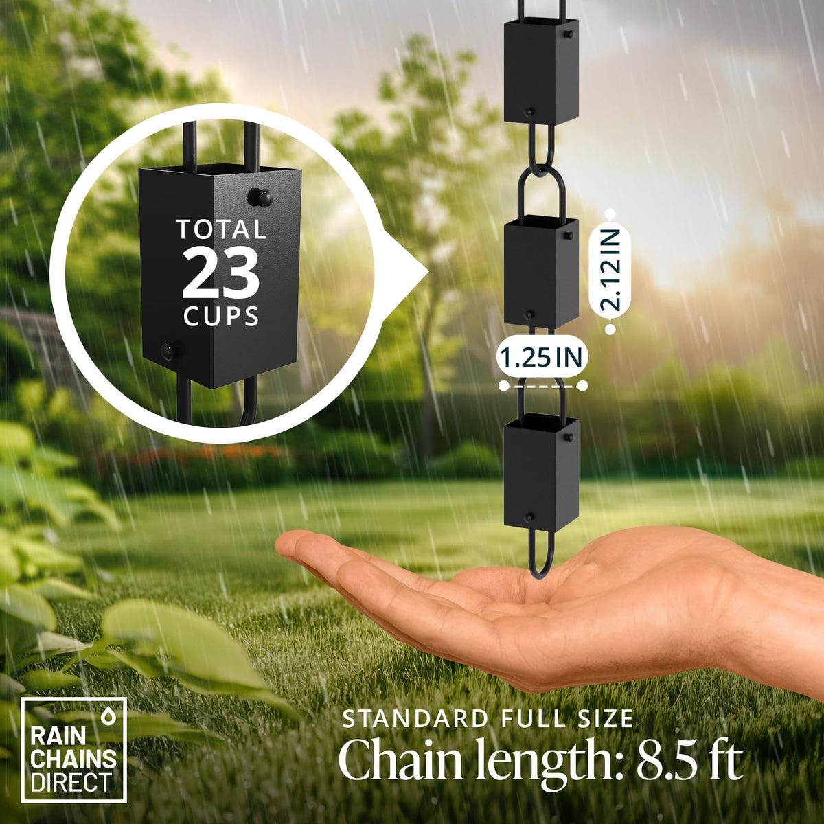 Rain Chains Direct square link rain chain cup detail highlights sturdy aluminum cups.
