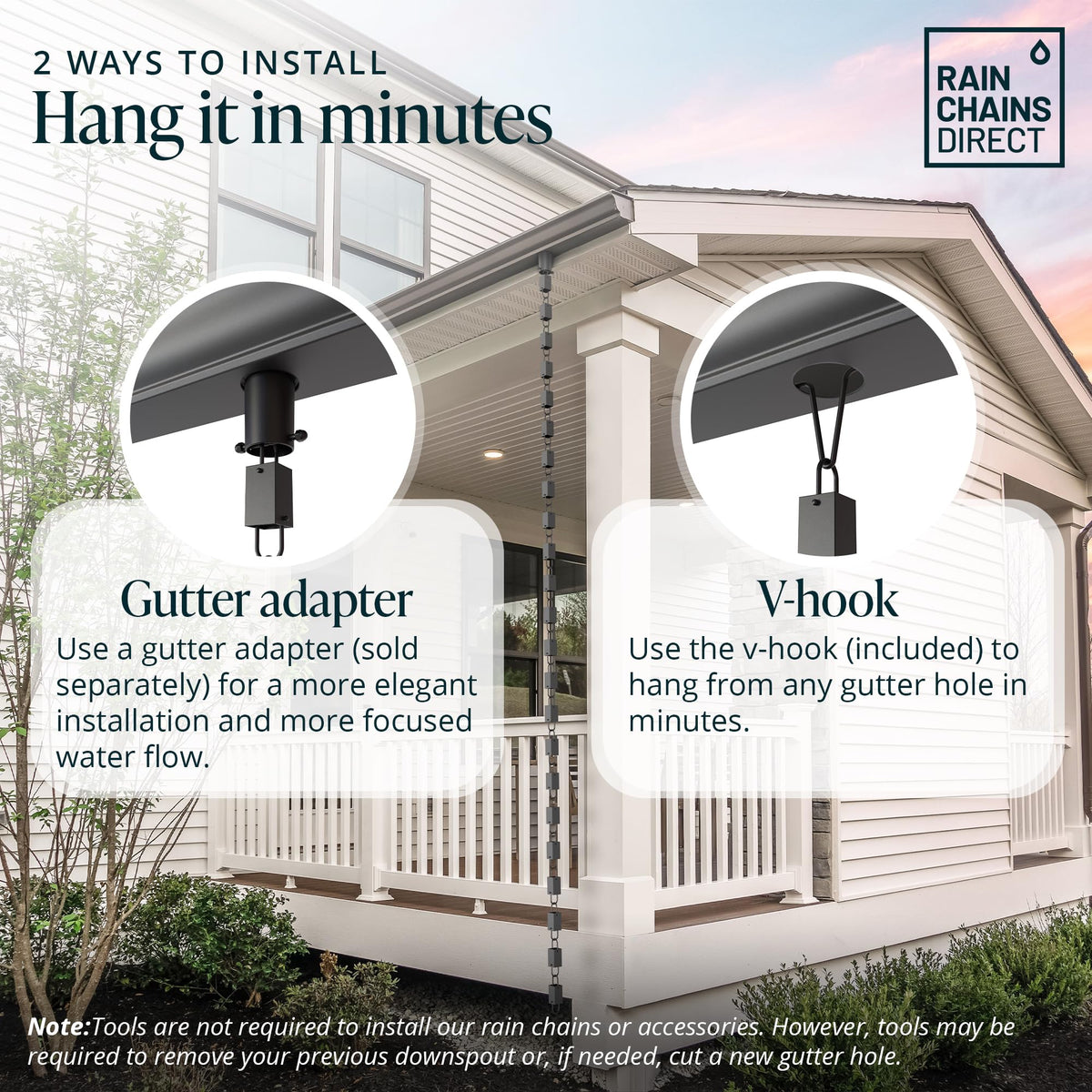 Rain Chains Direct square link rain chain open-flow design supports unimpeded water flow during heavy rain.