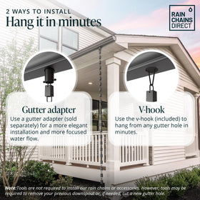 Rain Chains Direct square link rain chain open-flow design supports unimpeded water flow during heavy rain.