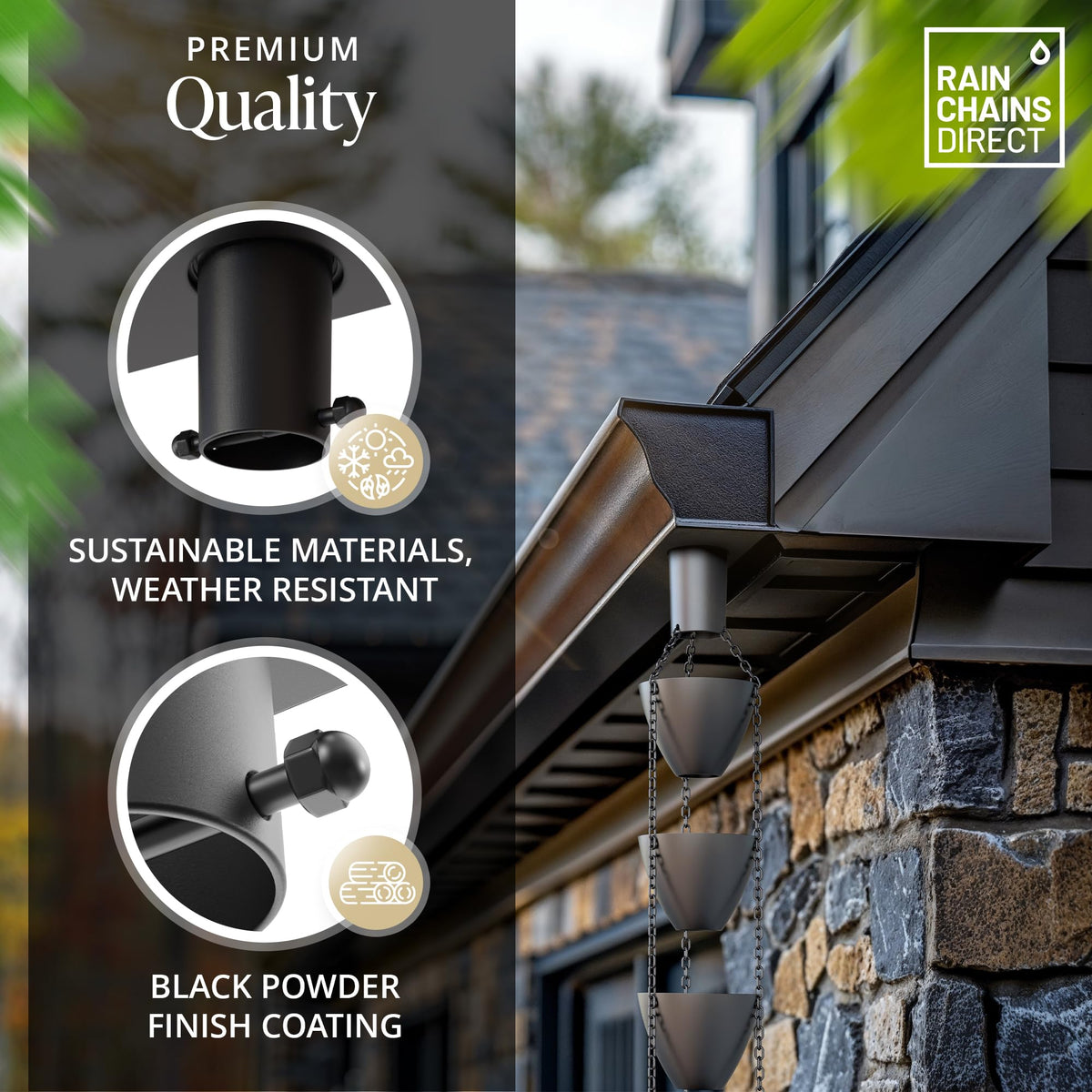 Rain Chains Direct top square dimensions showcase precise, tidy gutter connections.
