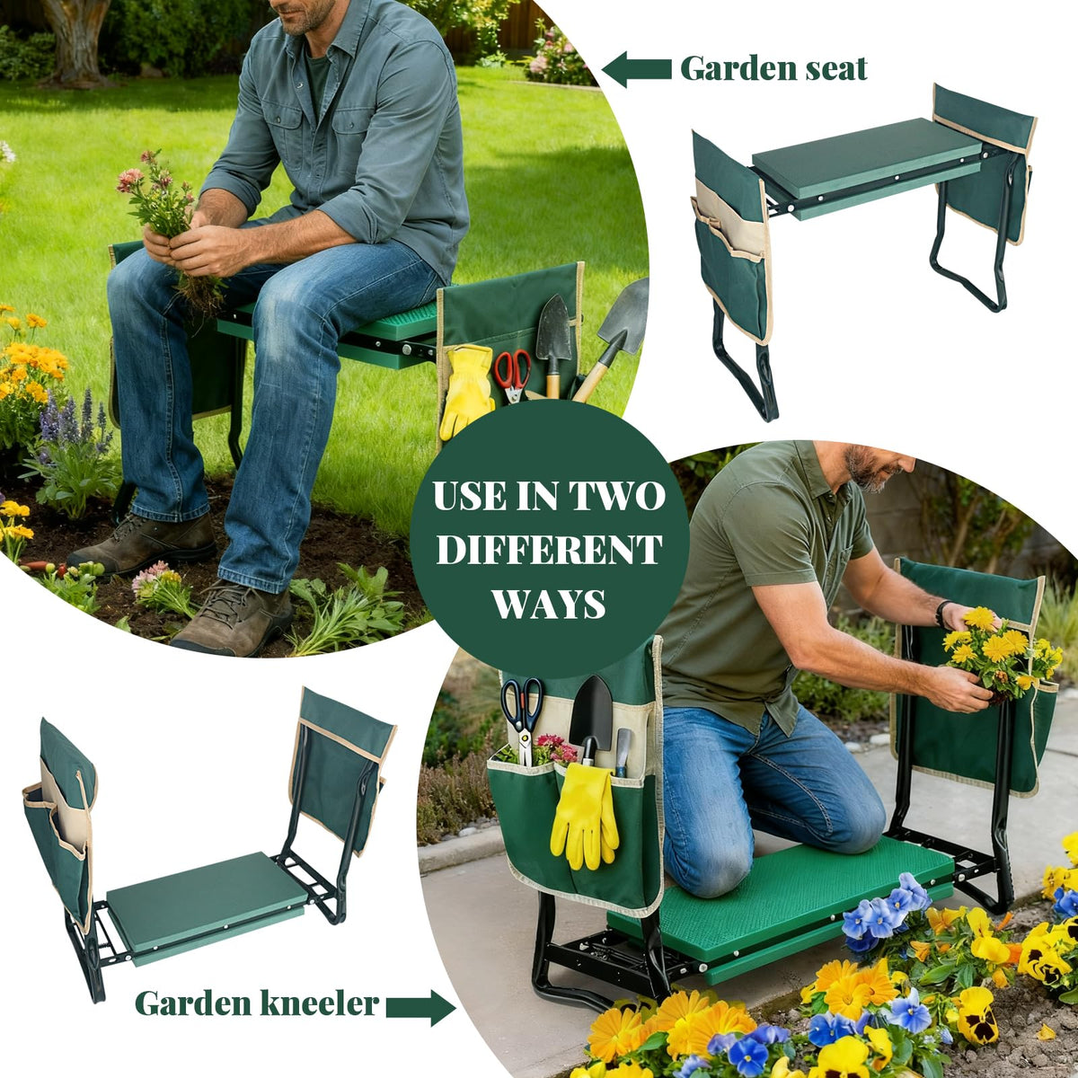 Rain Spirit foldable garden seat folds flat for compact storage and portability