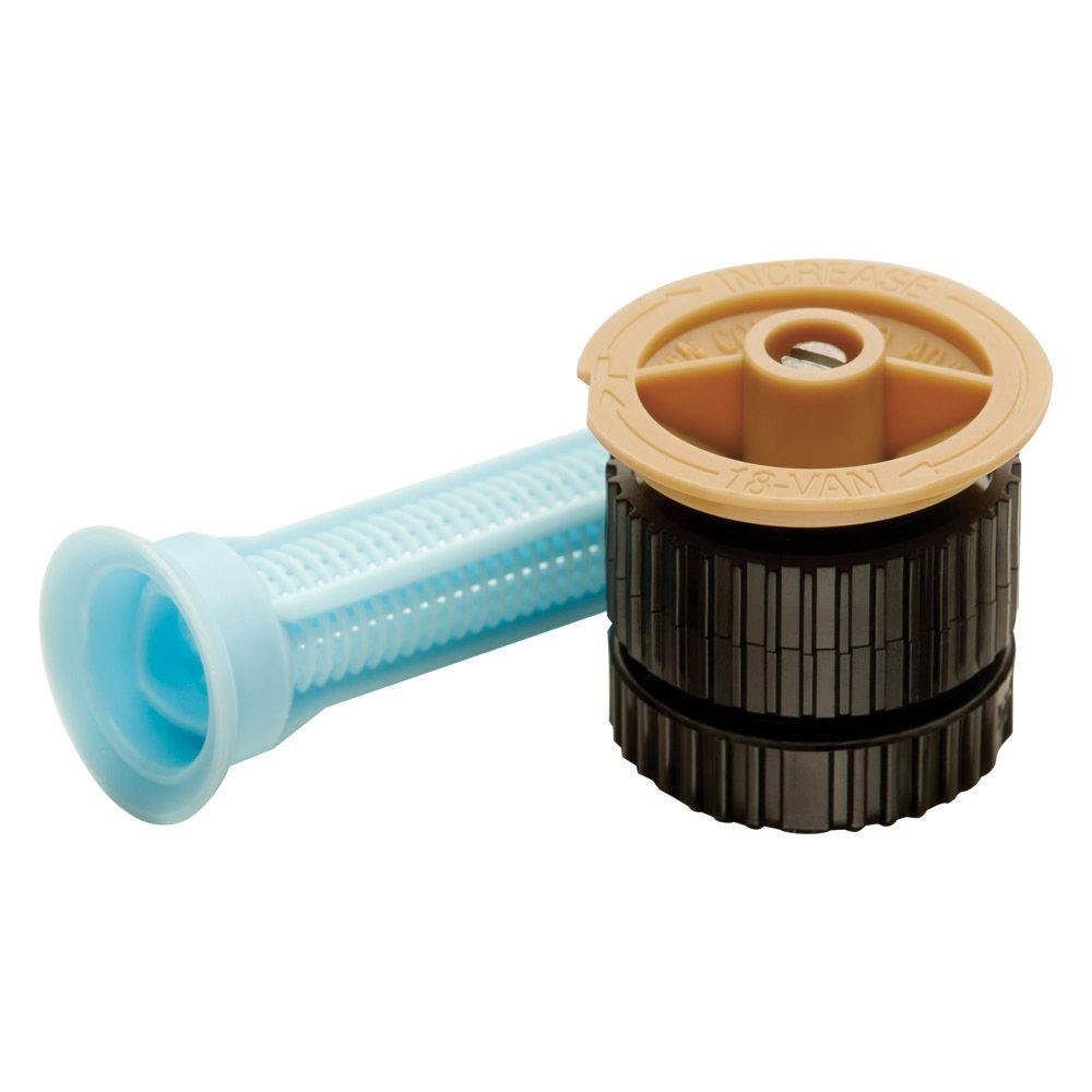 Rain Bird 18VAN adjustable nozzle showing a 14-18 ft radius for even watering