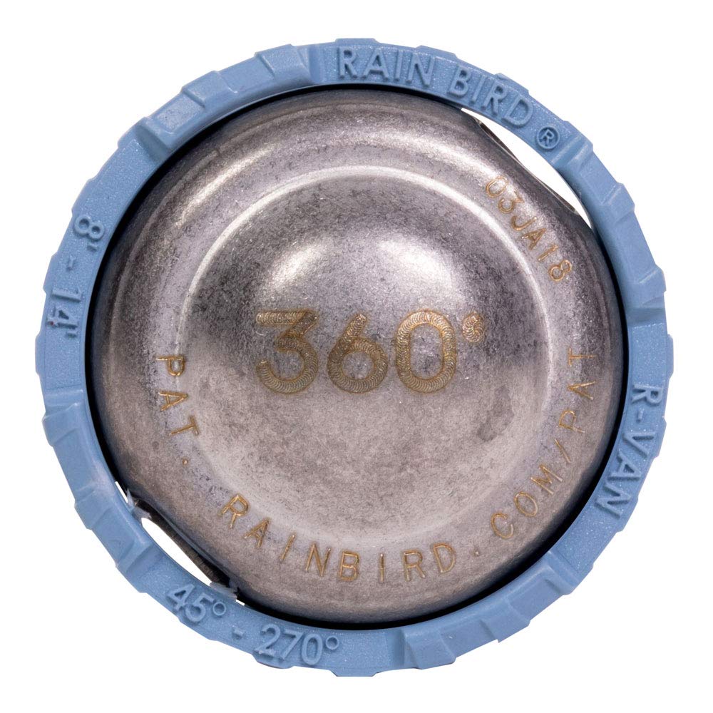 Rainbird R-VAN14-360 nozzle adjustment shows tool-free radius control during irrigation.