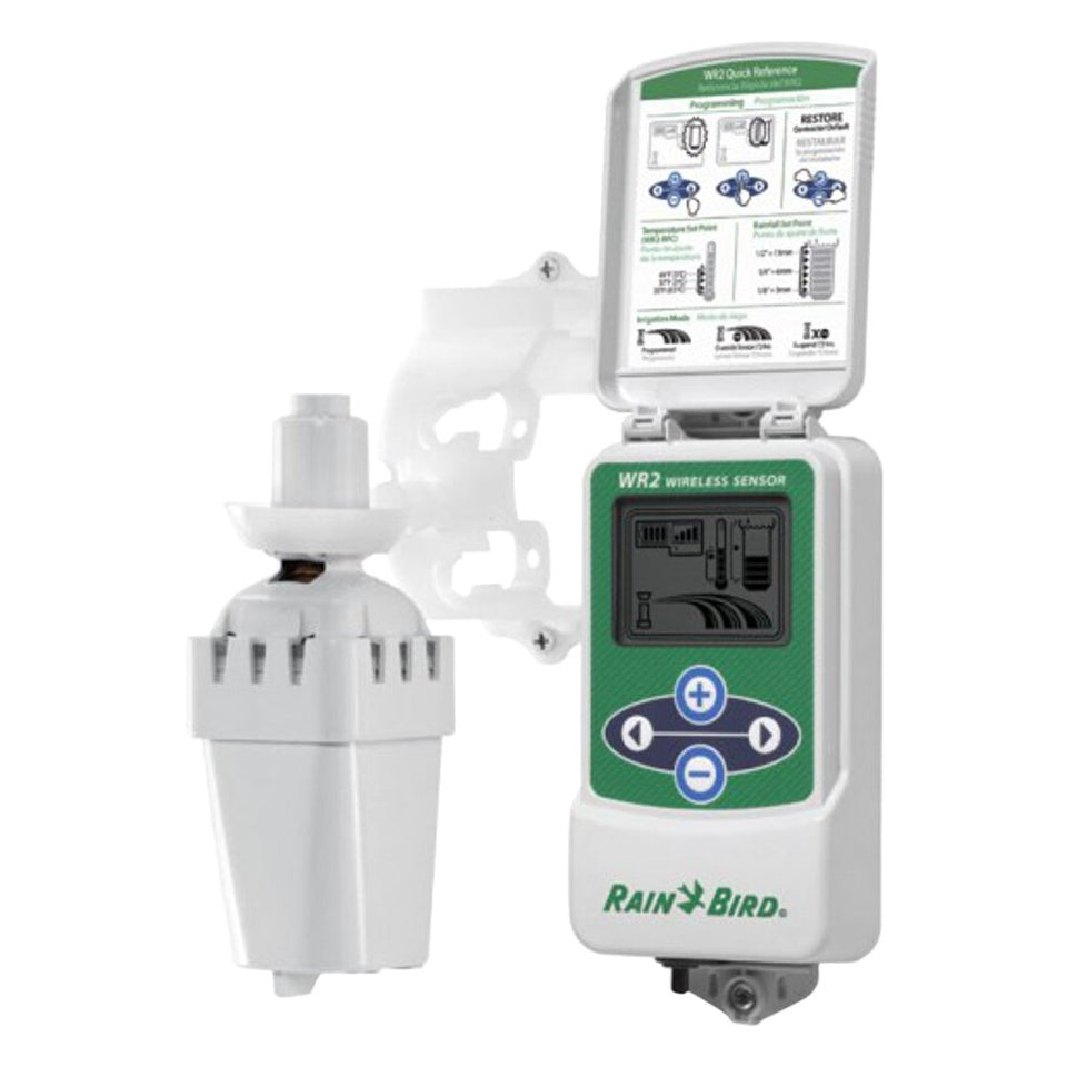 Rain Bird wireless rain and freeze sensor system product shot showing weather-based irrigation control.