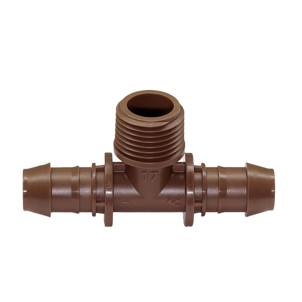 Rainbird XFFTMA050 tee adapter with secure 1/2 in MPT to 17 mm barbed connection.