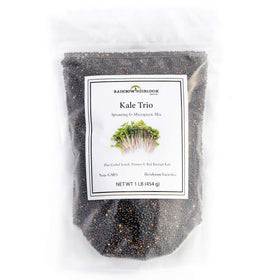 Rainbow Heirloom Seed Co. Kale Trio Sprouting Mix in a resealable bag for microgreens.